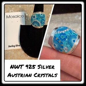 Mosaico Sterling Silver Blue Ring with Austrian Crystals